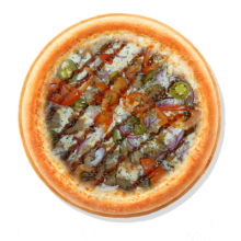 31. KEBABIHAKKLIHA  BBQ - 40cm; Kaste, Juust Mozarella, Hakkliha, Kebab, Küüslaug, Marineeritud kurgid, Sibul, BBQ