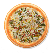 21. KREVE PIZZA - 40cm; Kaste, Juust Mozzarella, Krevetid, Kana, Paprika, Kaste küüslaug