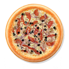 26. NAPOLETANA - 40cm; Kaste, Juust Mozzarella, Sink, Tuunikala, Tomat, Sibul, Oliivid