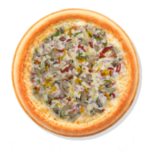 14. ROYAL PIZZA - 40cm; Соус, Сыр Моцарелла, Ветчина, Копчёная курица, Паприка, Шампиньоны, Ананас